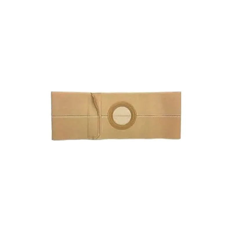 Beige ostomy support belt with circular opening, medical stoma accessory on white background.