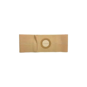 Beige ostomy support belt with circular opening, medical stoma accessory on white background.