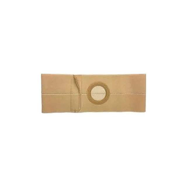 Beige ostomy support belt with circular opening, medical stoma accessory on white background.