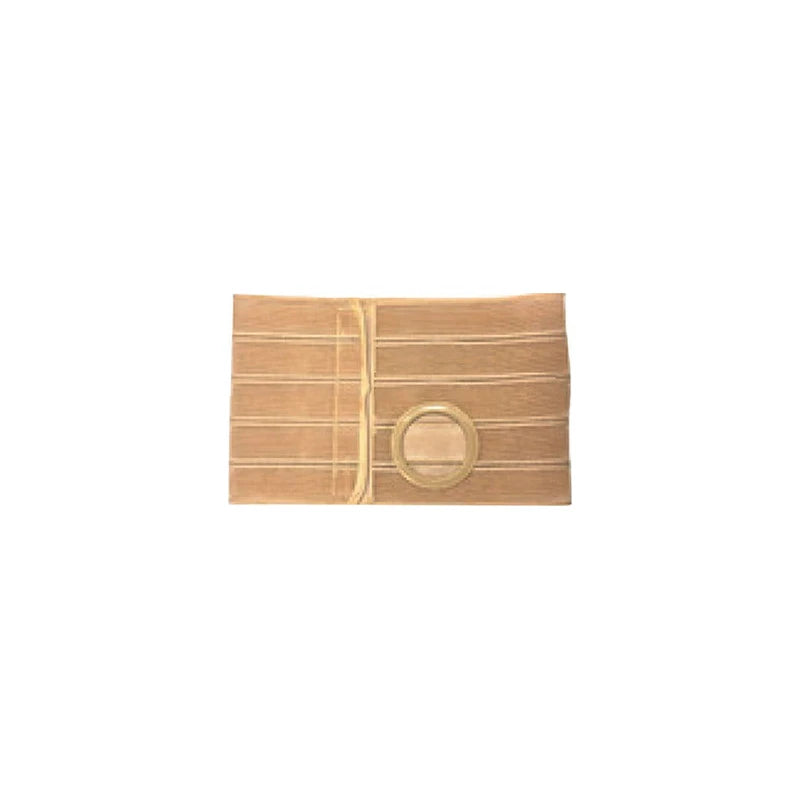 Beige ostomy support belt with circular opening, medical supplies on white background