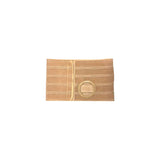 Beige ostomy support belt with circular opening, medical supplies on white background