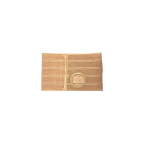 Beige ostomy support belt with circular opening, medical supplies on white background