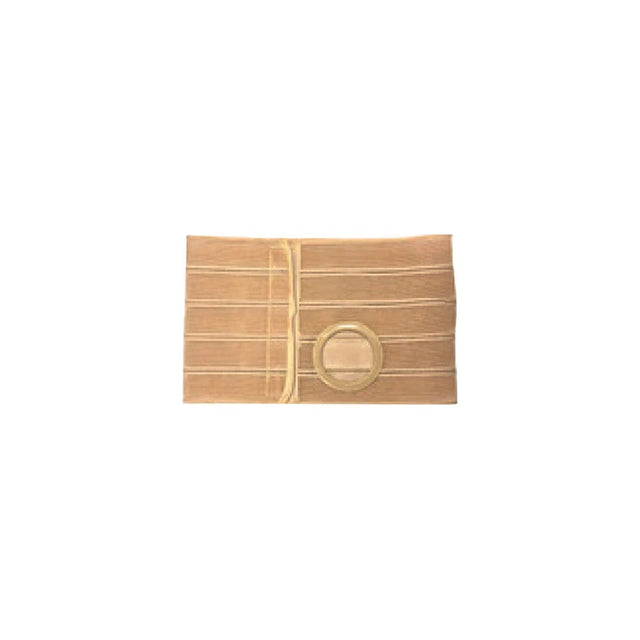 Beige ostomy support belt with circular opening, medical supplies on white background