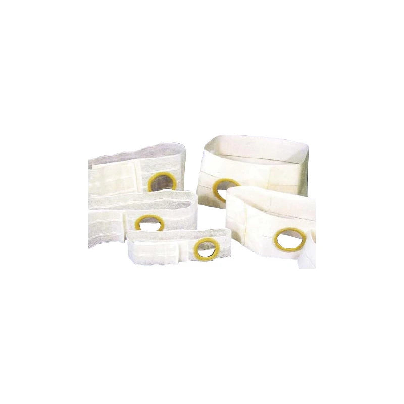Assorted ostomy belts with round openings for medical stoma support, white background