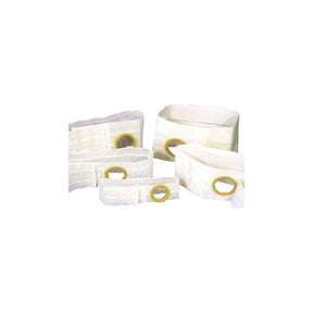 Assorted ostomy belts with round openings for medical stoma support, white background