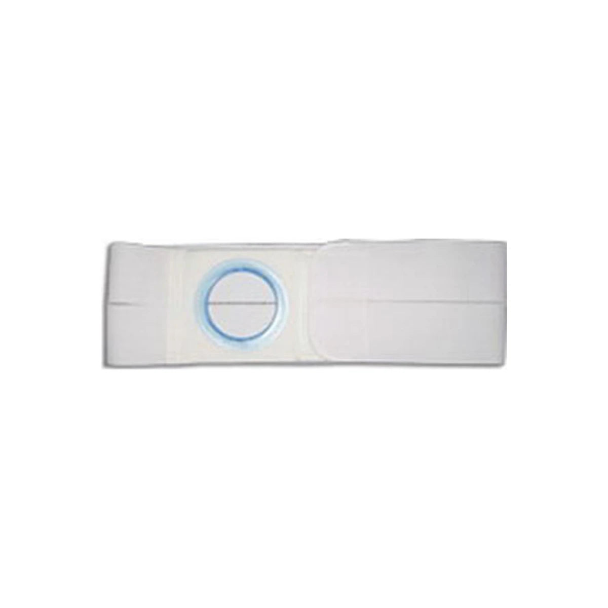White ostomy belt with blue circular opening for medical support and stoma care