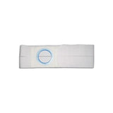White ostomy belt with blue circular opening for medical support and stoma care
