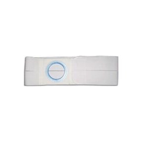 White ostomy belt with blue circular opening for medical support and stoma care