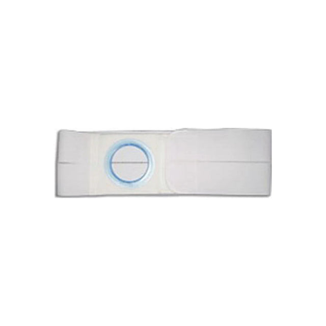 White ostomy belt with blue circular opening for medical support and stoma care