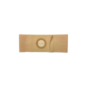 Beige medical ostomy belt with circular stoma opening for abdominal support