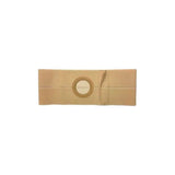Beige ostomy support belt with circular stoma opening on white background