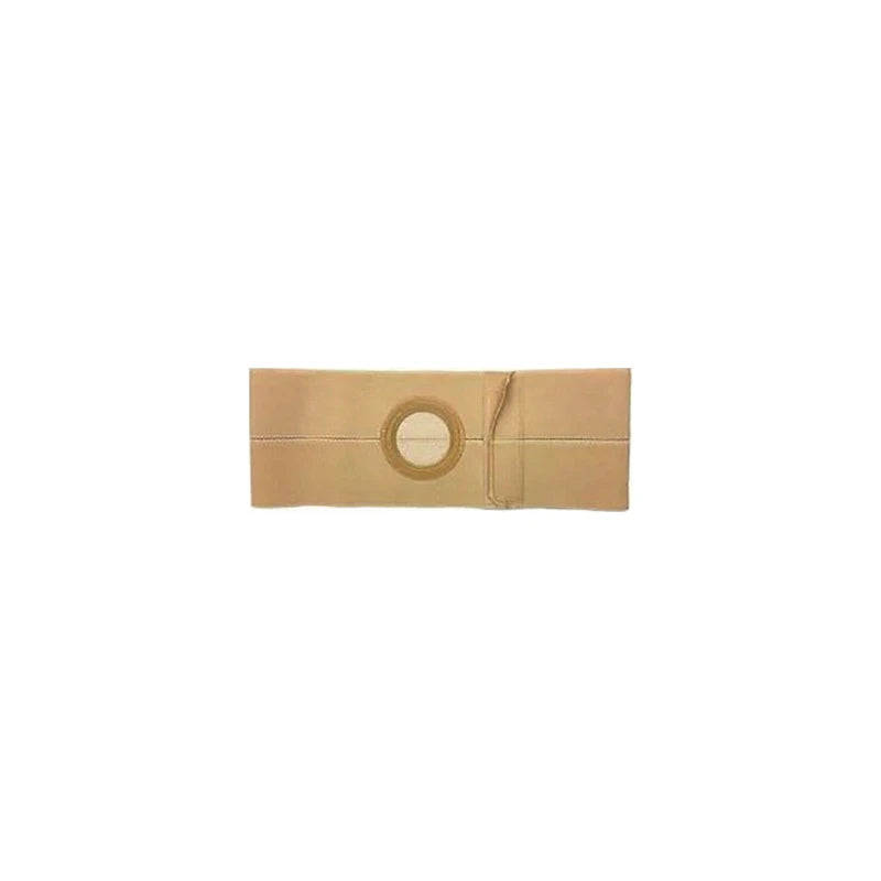 Beige ostomy support belt with circular stoma opening on white background