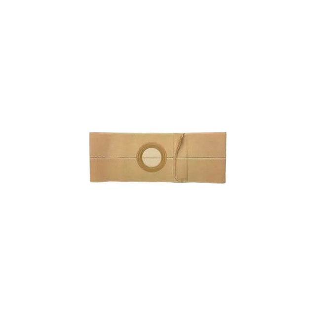 Beige ostomy support belt with circular stoma opening on white background