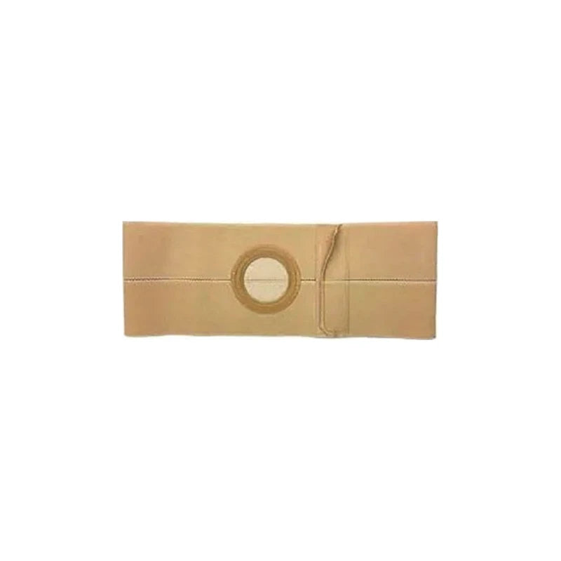 Beige ostomy belt with circular stoma opening for medical support and comfort