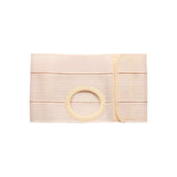 Beige ostomy support belt with adjustable strap and round stoma opening, medical supply