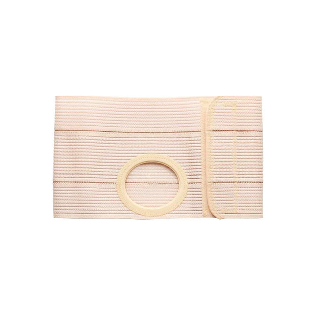 Beige ostomy support belt with adjustable strap and round stoma opening, medical supply