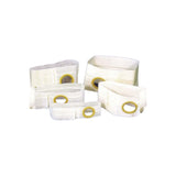 Assorted white ostomy belts with circular openings for ostomy care, medical supplies