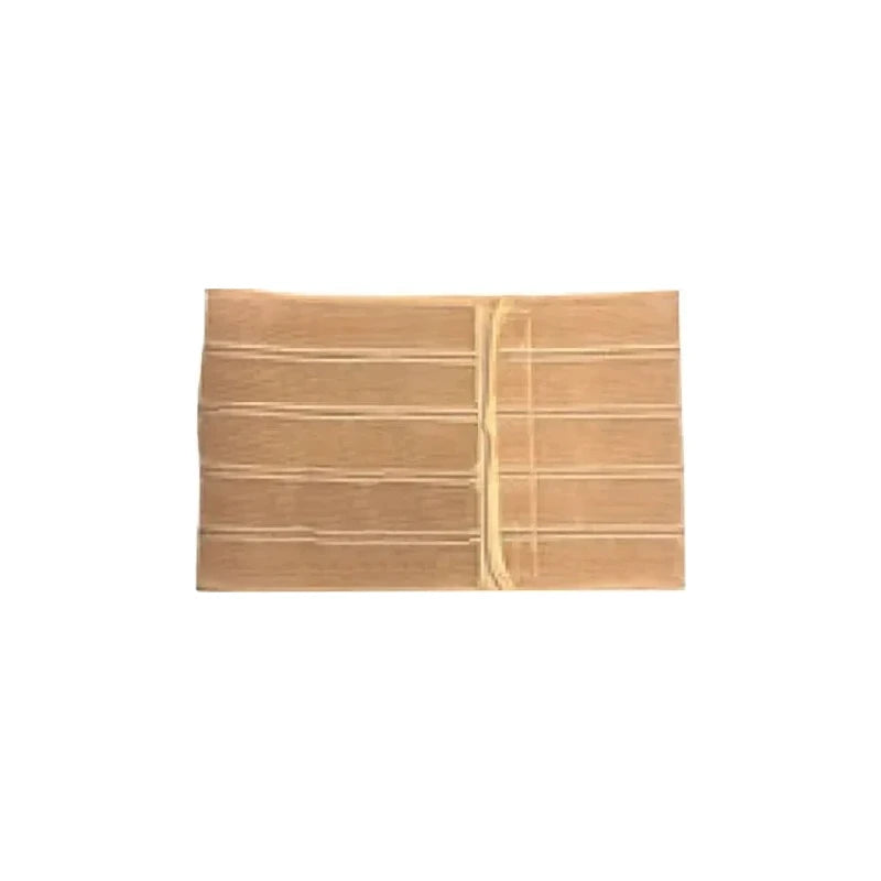 Beige medical abdominal support binder with adjustable straps on white background