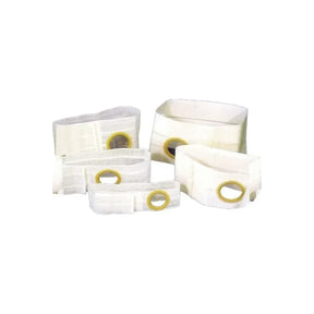 Assorted medical ostomy belts with round openings for stoma support, white background.