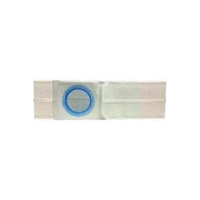 Medical ostomy belt with blue ring support for stoma care, white background