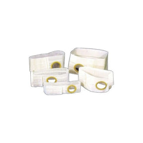 Group of white ostomy belts with circular openings for medical support