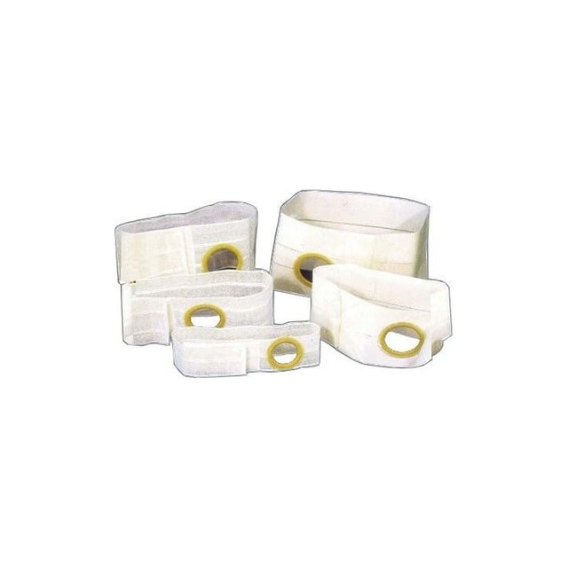 Group of white ostomy belts with circular openings for medical support
