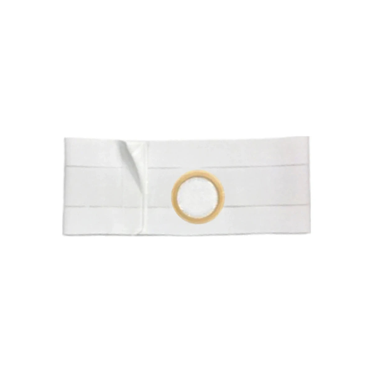 White ostomy belt with circular flange opening for medical support