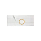 White ostomy belt with circular flange opening for medical support