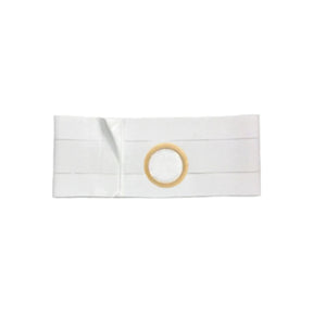 White ostomy belt with circular flange opening for medical support
