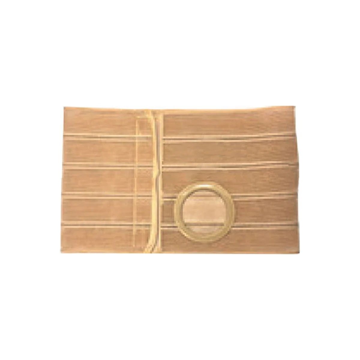 Beige ostomy support belt with circular stoma opening, medical supply product