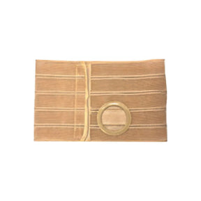 Beige ostomy support belt with circular stoma opening, medical supply product
