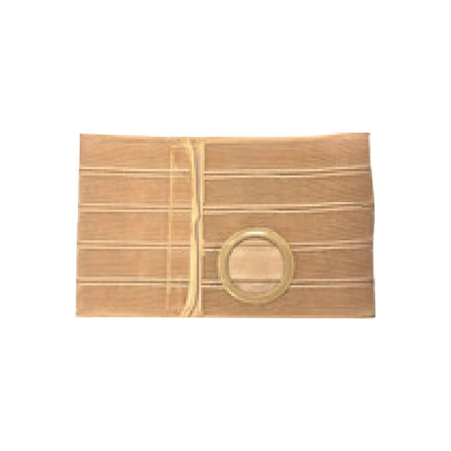 Beige ostomy support belt with circular stoma opening, medical supply product