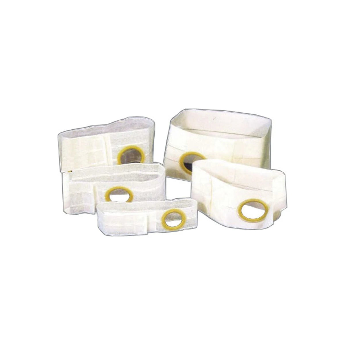 Assorted medical ostomy belts with circular openings on a white background