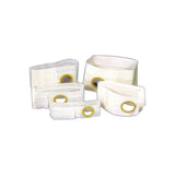 Assorted medical ostomy belts with circular openings on a white background