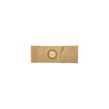 Beige ostomy belt with circular stoma opening, medical support accessory on white background