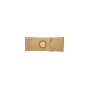 Beige ostomy belt with circular stoma opening, medical support accessory on white background
