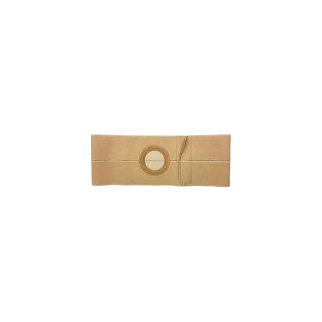 Beige ostomy belt with circular stoma opening, medical support accessory on white background