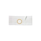White abdominal ostomy support belt with round center opening for medical use