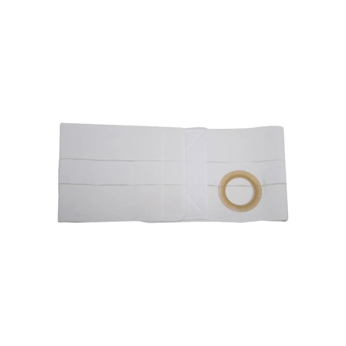 White ostomy belt with beige stoma ring for medical support and comfort
