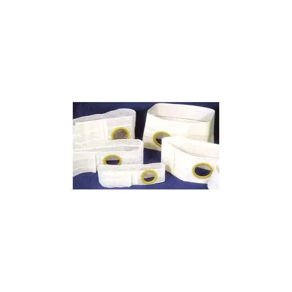 Assorted ostomy belts with round openings for medical stoma care on blue background.