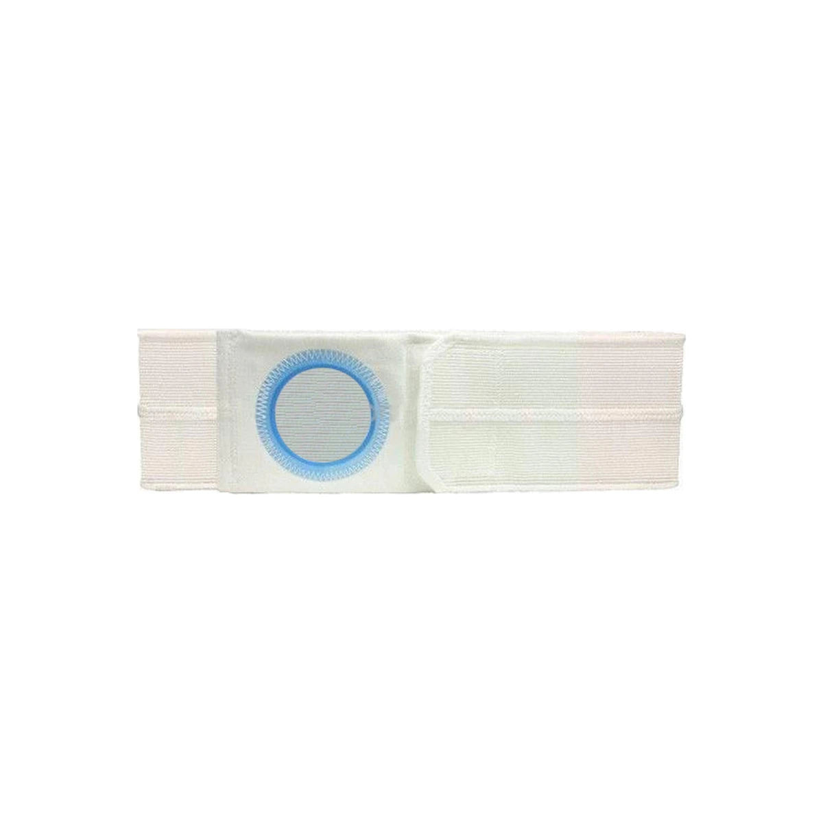 White ostomy belt with blue reinforced ring, medical support accessory on white background.