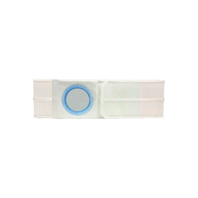 White ostomy belt with blue reinforced ring, medical support accessory on white background.