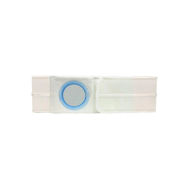 White ostomy belt with blue reinforced ring, medical support accessory on white background.