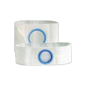 Clear ostomy belt with blue ring for stoma support on white background