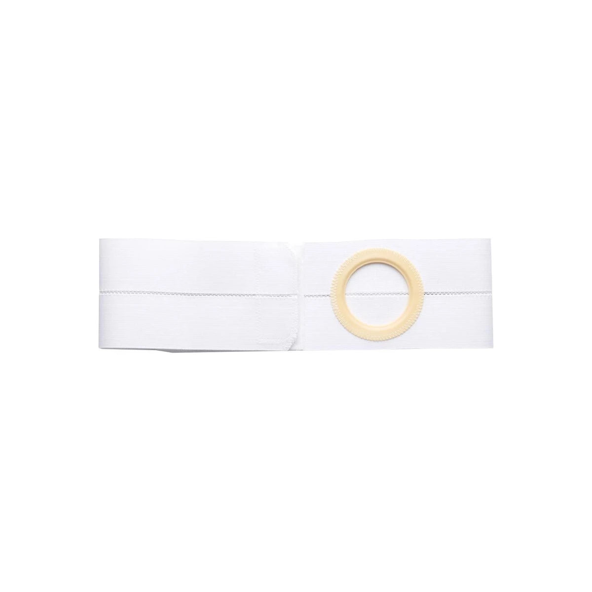 White ostomy support belt with circular beige stoma opening, medical supply product