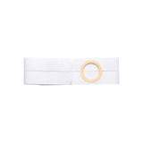 White ostomy support belt with circular beige stoma opening, medical supply product
