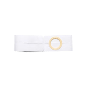 White ostomy support belt with circular beige stoma opening, medical supply product
