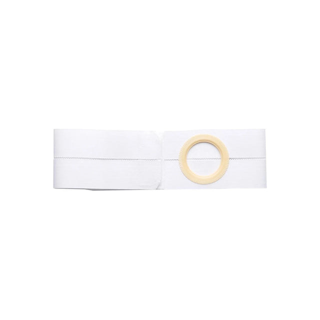 White ostomy support belt with circular beige stoma opening, medical supply product