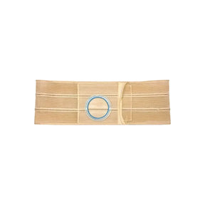 Beige medical ostomy support belt with circular blue opening, flat on white background