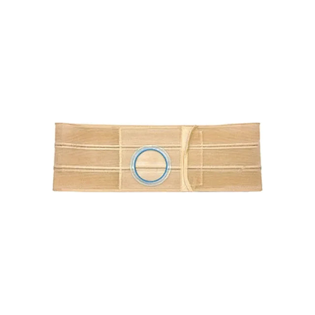 Beige medical ostomy support belt with circular blue opening, flat on white background